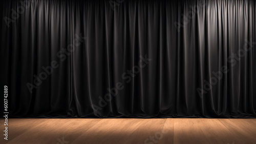 Wooden floor stage with black curtain background generated Ai