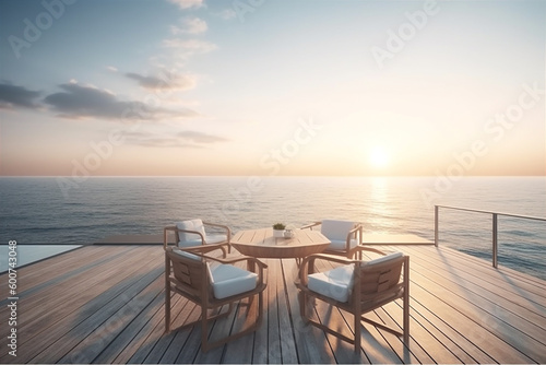 Minimalistic modern terrace with relax area  armchairs and table. AI generated. Generative AI
