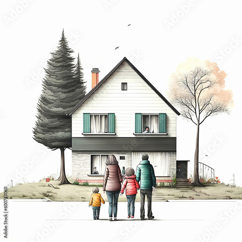 A family stands in front of their new home. AI generated. 