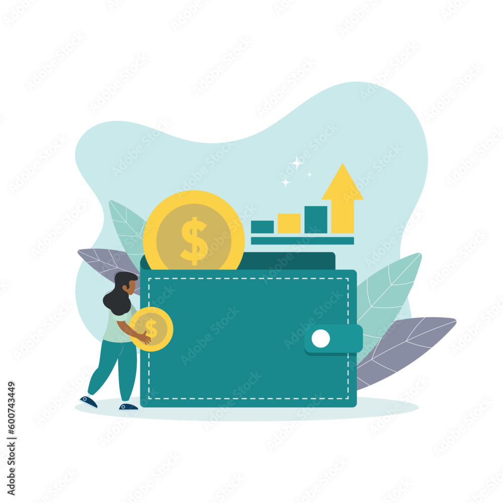 Naklejka premium Vector illustration of money growth. Investments to increase savings. Girl with a coin cartoon character and a purse on a white background. Creative idea for website, mobile phone and presentation