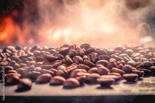 Freshly roasted coffee beans with smoke. Generative AI