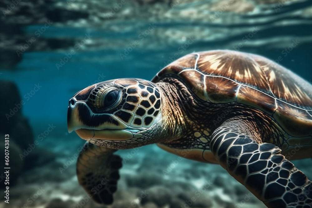Fototapeta premium Close Up portrait of happy sea turtle swimming underwater. AI generated. Generative AI