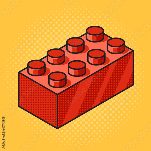 Brick toy construction set pinup pop art retro vector illustration. Comic book style imitation.