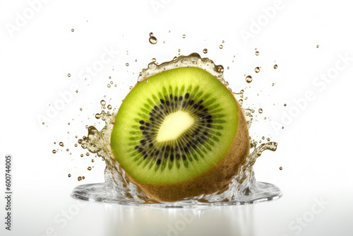 Fresh kiwi and splashes of water on a white background. AI generative.