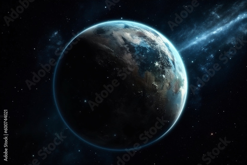 Blue planet, Earth in cosmic space. Galaxy, cosmos, space background. Generative AI.  © Oksana Kumer