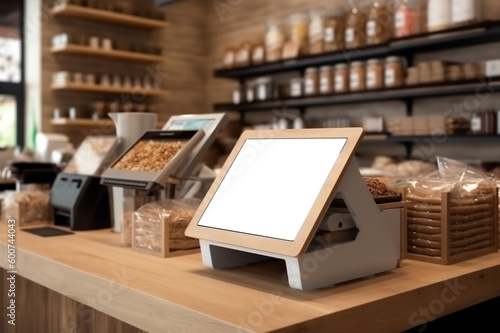 Blank Screen Cash Register and Tablet on Wooden Counter - Perfect for 3D Render of Luxurious Grocery Store with Product Displays, Ai Generated