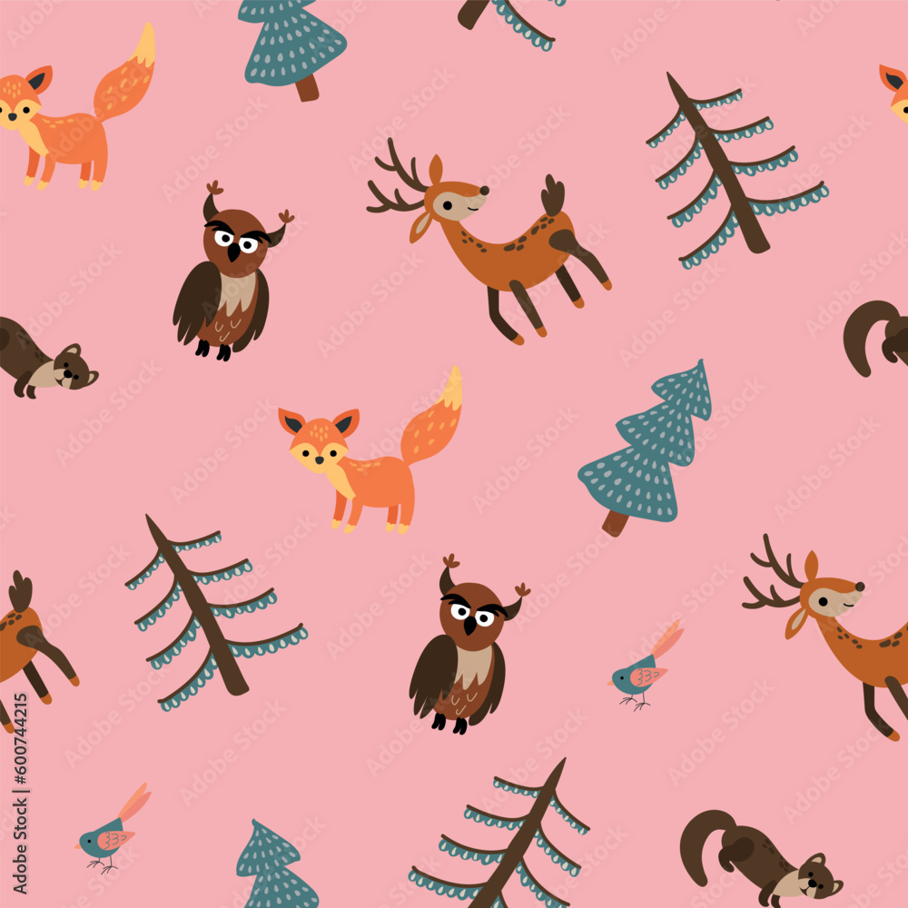 Seamless pattern with forest animals. Design for fabric, textile, wallpaper, packaging.