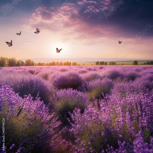 A field of lavender with butterflies flying in the sky. Ai generated art