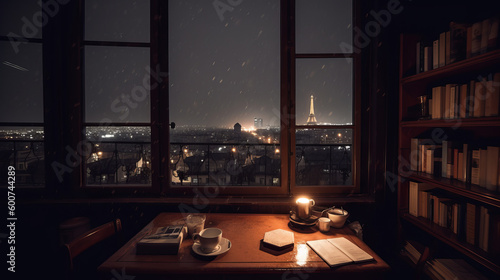A table with a book and a candle on it. Open window overlooking Paris. Ai generadet art.