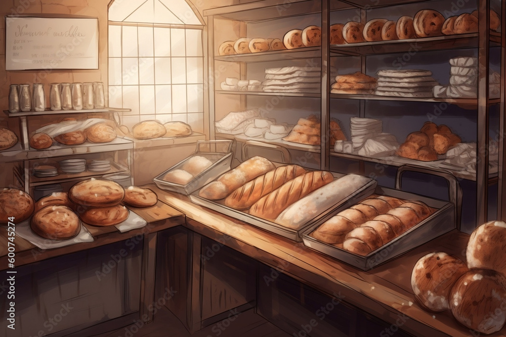 A charming artisan bakery scene, featuring an array of freshly baked breads and pastries, with a warm and welcoming ambiance.
