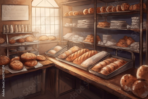 A charming artisan bakery scene, featuring an array of freshly baked breads and pastries, with a warm and welcoming ambiance.