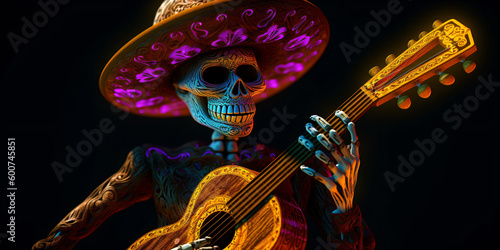 skeleton with a mexican sombrero plays guitar in glowing neon colors isolated on black background, generative ai
