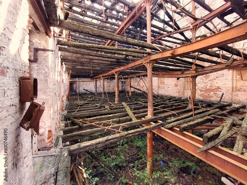 Interior of a burnt warehouse with multiple storeys