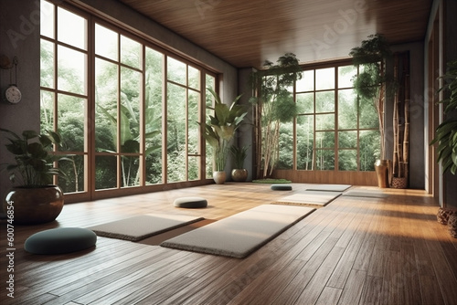 Serene and calming yoga room with bamboo floors, natural mats. Generative AI. 