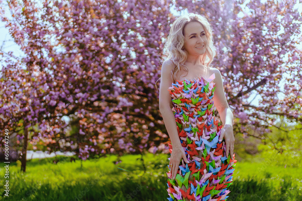 Beautiful woman with butterflies in spring sakura Beautiful woman with butterflies in spring sakura