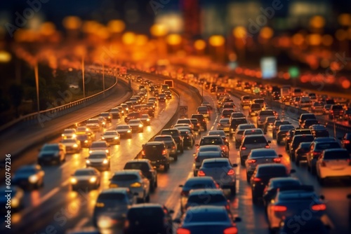 Shallow Depth of Field Night Traffic Jam. Generative AI © Flowstudio