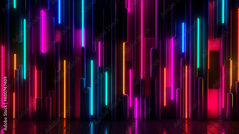 3d rendering, abstract neon background. Modern wallpaper with glowing vertical lines, generative AI