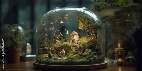 A miniature world inside a glass terrarium, with tiny figurines living out their daily lives, sparking curiosity and wonder, concept of Microcosm, created with Generative AI technology © koldunova