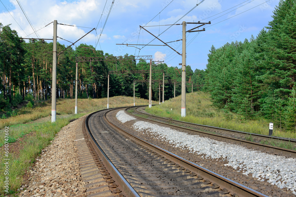 The train tracks are lined and electric columns with trees on background and blue sky