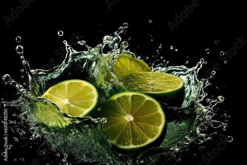 Lime and water splashes on black background. AI generative.