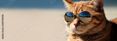 Summer vacation banner, cat in sunglasses, panoramic layout. Generative Ai © Alexandra