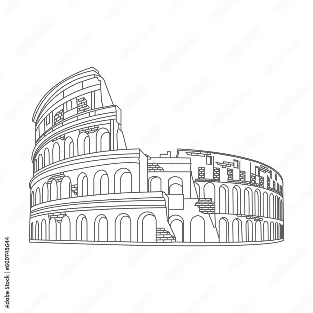 line art of old Colosseum building, wonder of the world.