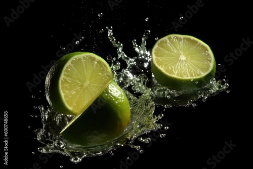 Fresh lime and water splashes on black background. AI generative.