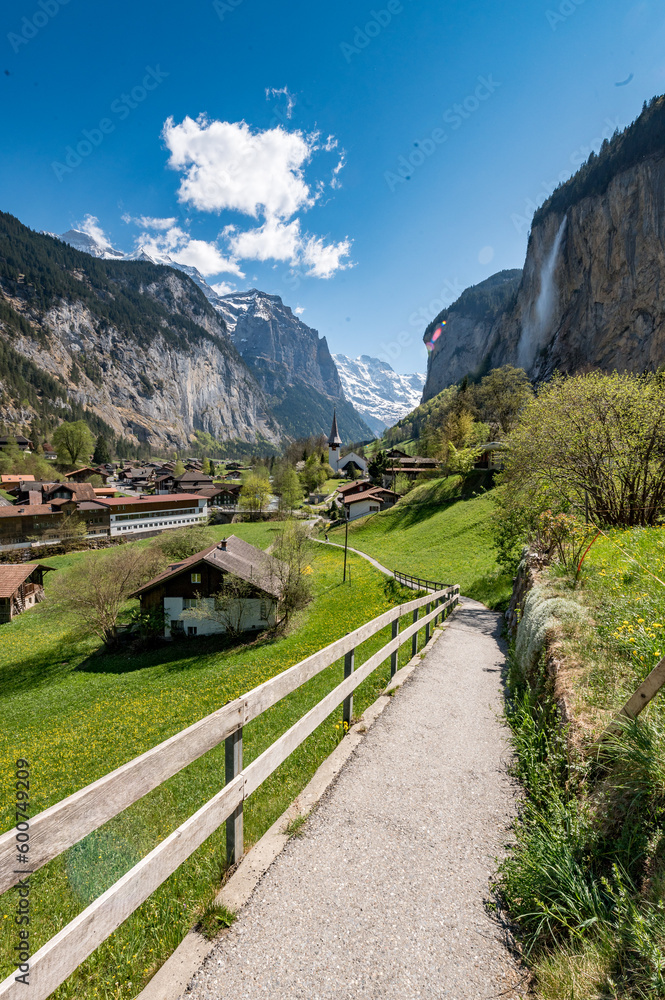 view of Lauterbrunnen on a beautiful sunny spring day in the Bernese Alps