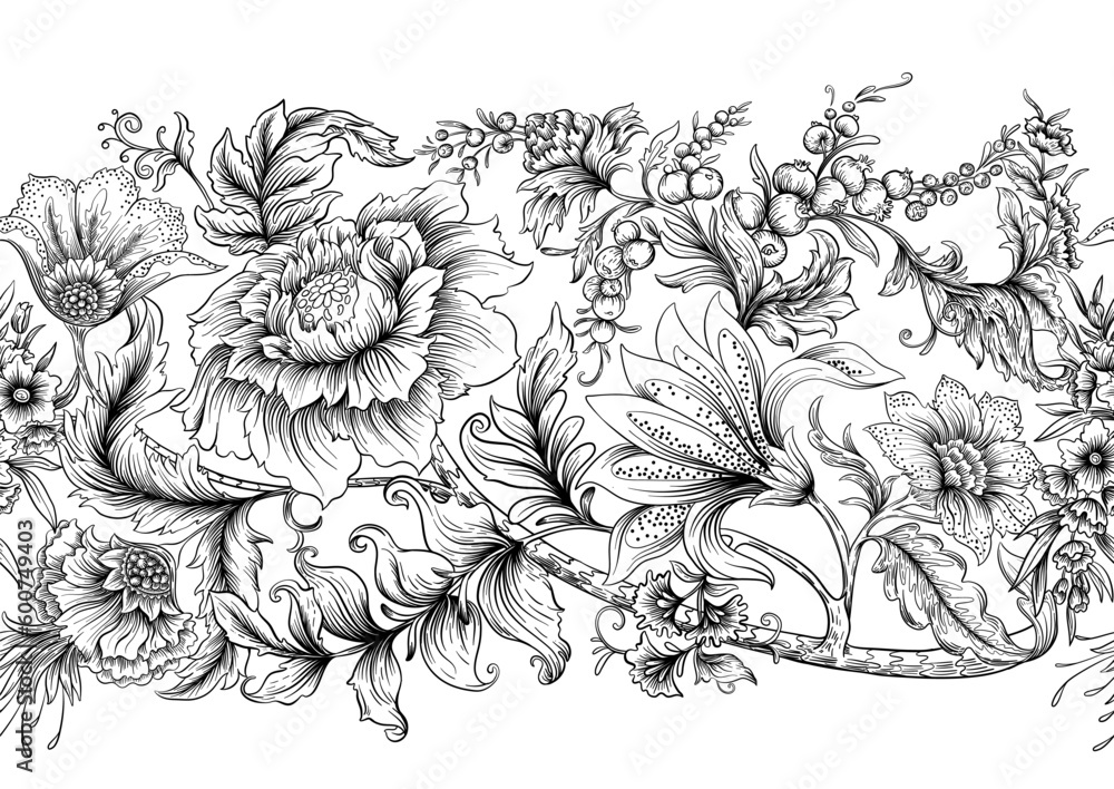 Fantasy flowers in art nouveau style, vintage, old, retro style. Seamless pattern, background. Vector illustration.