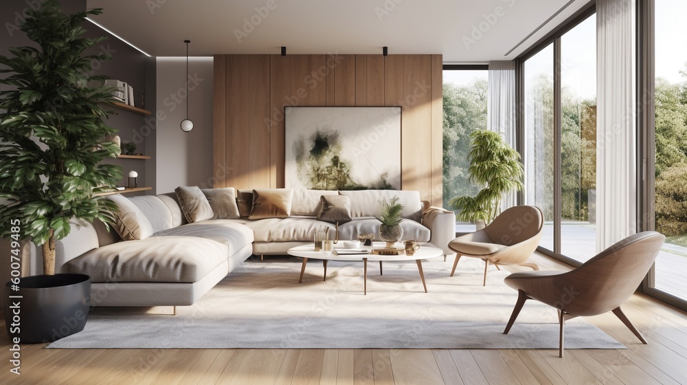 Empty wall, mockup, Interior of modern living room with wooden walls, wooden floor, comfortable beige sofa and coffee table. Generative AI. - obrazy, fototapety, plakaty 