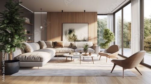 Empty wall, mockup, Interior of modern living room with wooden walls, wooden floor, comfortable beige sofa and coffee table. Generative AI. photo