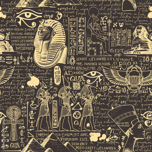 Seamless pattern on an Ancient Egypt theme with color images of Egyptian gods and handwritten text lorem ipsum. Vector abstract background in retro style. Wallpaper, wrapping paper, fabric