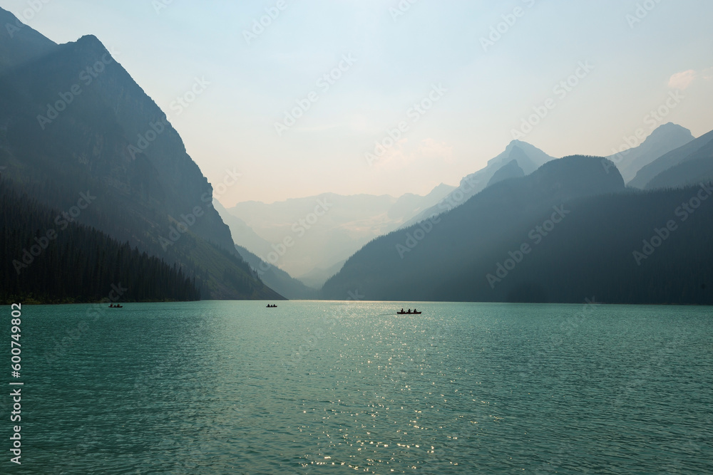Lake Louise with wildfires smoke, Banff national park, Alberta, Canada.