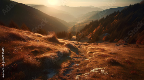 Early morning sunrise in Carpathian mountains. Magnificent Gorgany landscape. AI generated. Generative AI