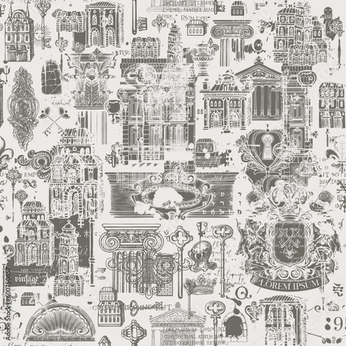 Abstract grunge Seamless pattern on ancient architecture and art. Hand-drawn vector background with vintage buildings, architectural elements, coat of arms and old keys. Wallpaper, fabric