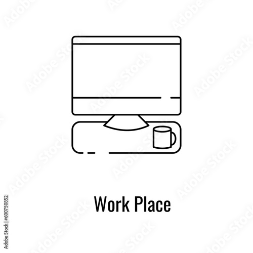 Work place line icon. Computer vector outline siign. photo