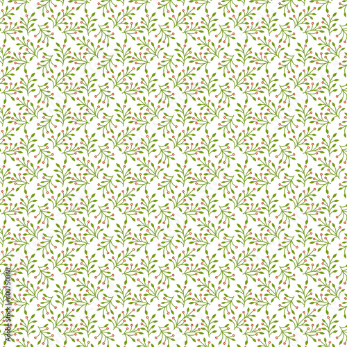 Spring summer floral pattern with small red flowers and green leaves flat lay on white background