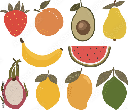 Fototapeta Naklejka Na Ścianę i Meble -  Cute fruits vector set, Abstract fruits vector set, Summer fruits, Kids illustration