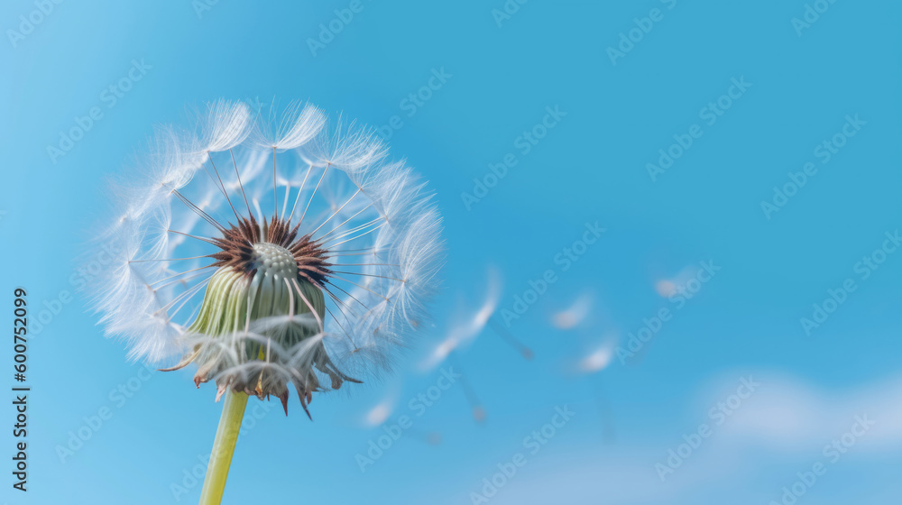 Dandelion on blue background. Illustration AI Generative.