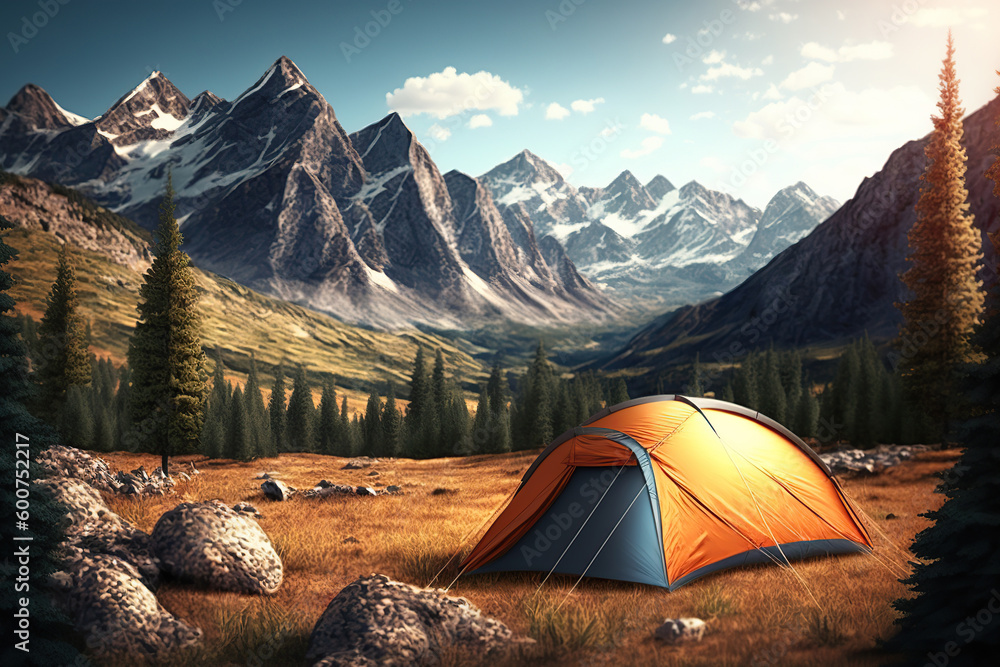 Tent between mountains, eco vacation in nature. Rest place, Modern outdoor recreation concept. AI generative.