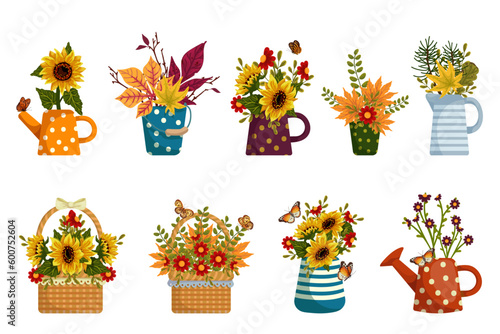 A set of bouquets of autumn leaves and sunflower flowers in wicker baskets and vintage vases, watering cans.Vector graphics.
