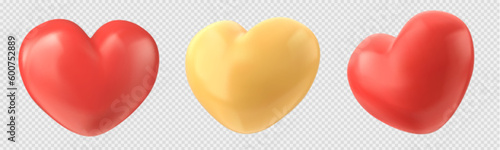 3d heart shape vector icon for Valentine day on transparent background. Glossy realistic isolated balloon set in red and yellow. Minimal mother love symbol dimensional illustration collection.