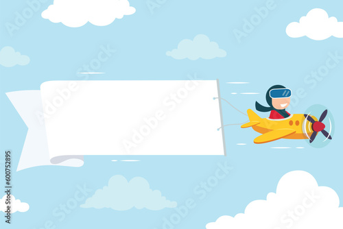 Papier peint Cute pilot flying on vintage red airplane with banner
