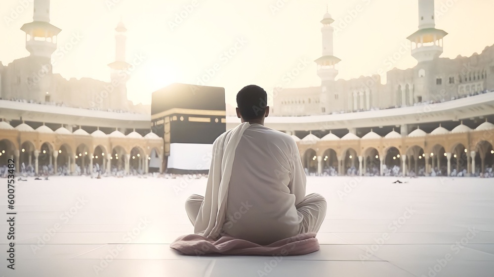 A Muslim man praying facing the Kaaba in Mecca, a view of the Kaaba in