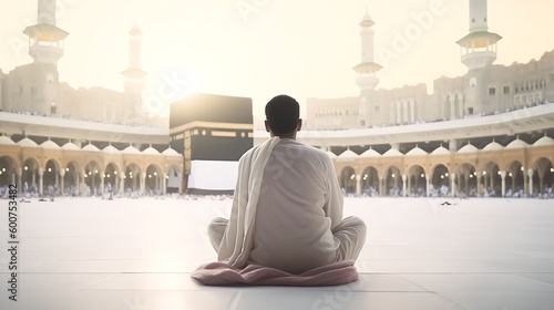 A Muslim man praying facing the Kaaba in Mecca, a view of the Kaaba in Mecca and the crowds of Muslims, Generative AI