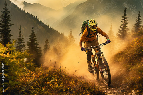 Mountain biker with yellow helmet riding through mountains - made with generative ai 