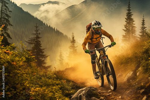 Mountain biker with grey helmet riding through mountains - made with generative ai 
