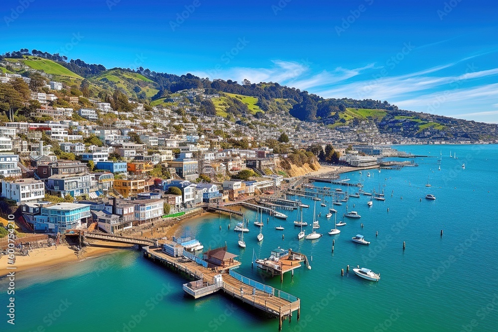 Waldo Point Harbor Photograph, Vibrant Sausalito Town, Charming Houseboats, San Francisco Bay, Generative AI