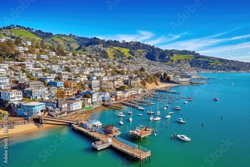 Waldo Point Harbor Photograph, Vibrant Sausalito Town, Charming Houseboats, San Francisco Bay, Generative AI