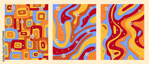 Vector retro groovy psychedelic cover templates set. Trendy 70s surreal posters collection. Colorful wavy background with flowers. Trippy hippie culture backdrop.